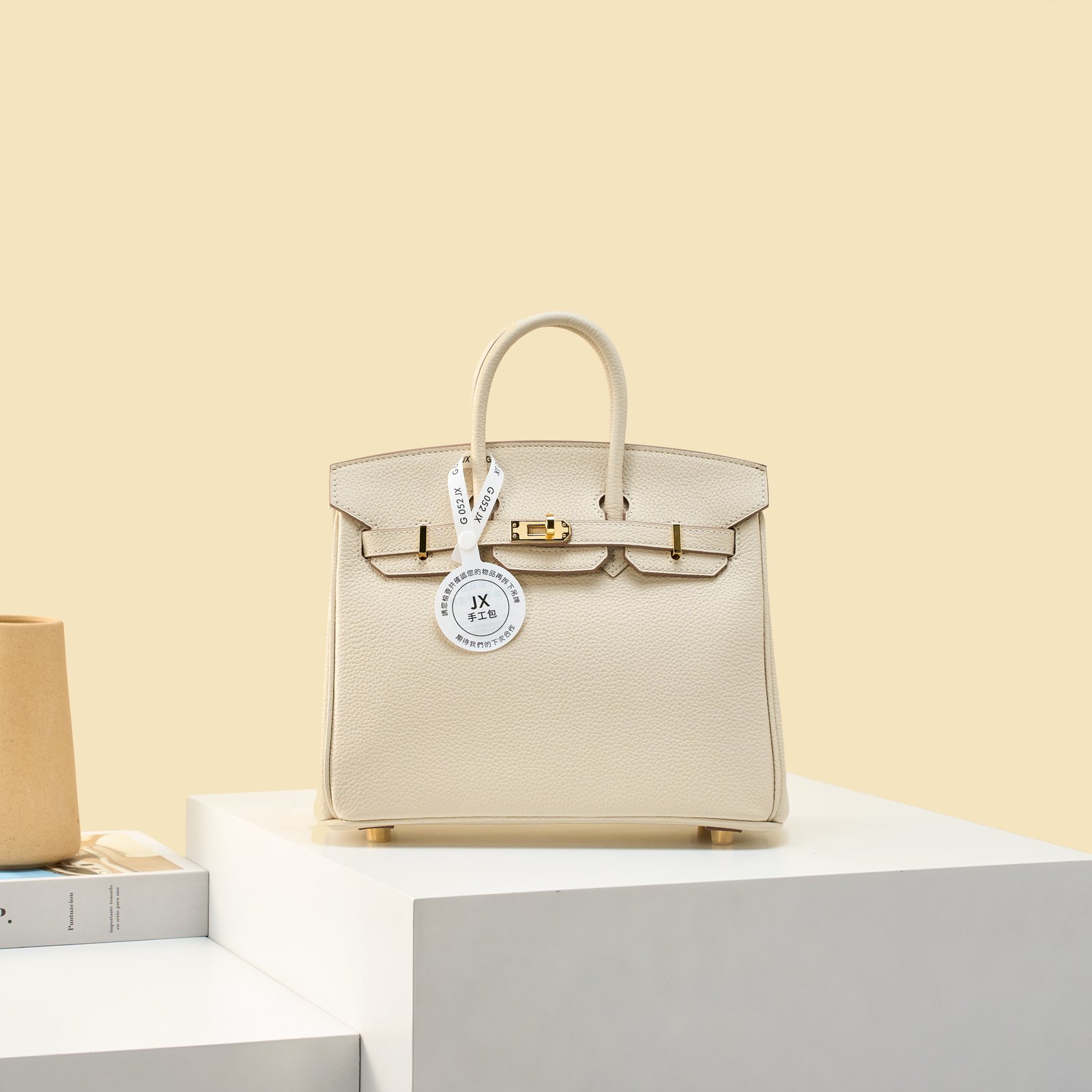 JX Birkin 25 in Milkshake White with Contrast Stitching – Artisan Code 052, Hand-Stitched, Stainless Steel Hardware