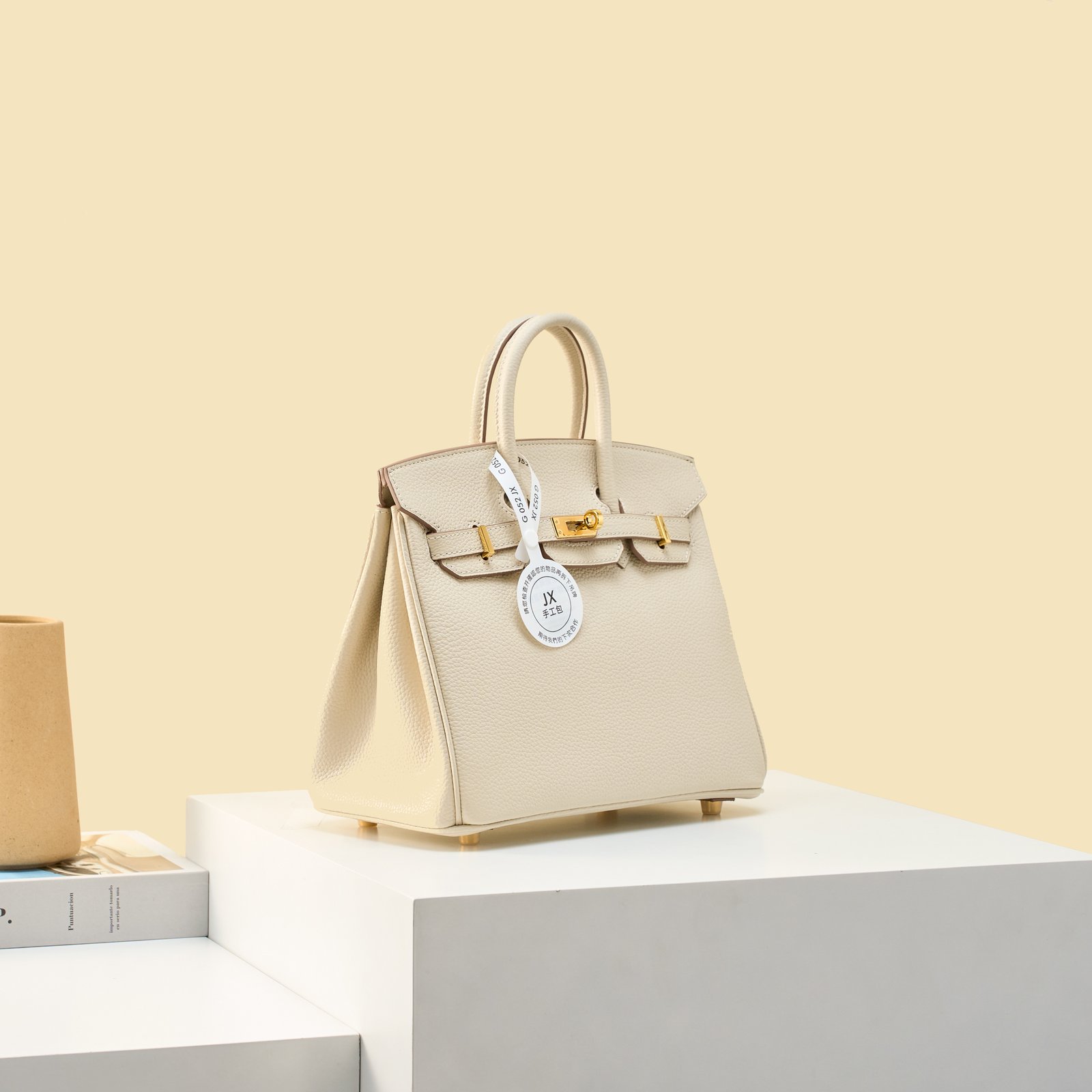 JX Birkin 25 in Milkshake White with Contrast Stitching – Artisan Code 052, Hand-Stitched, Stainless Steel Hardware