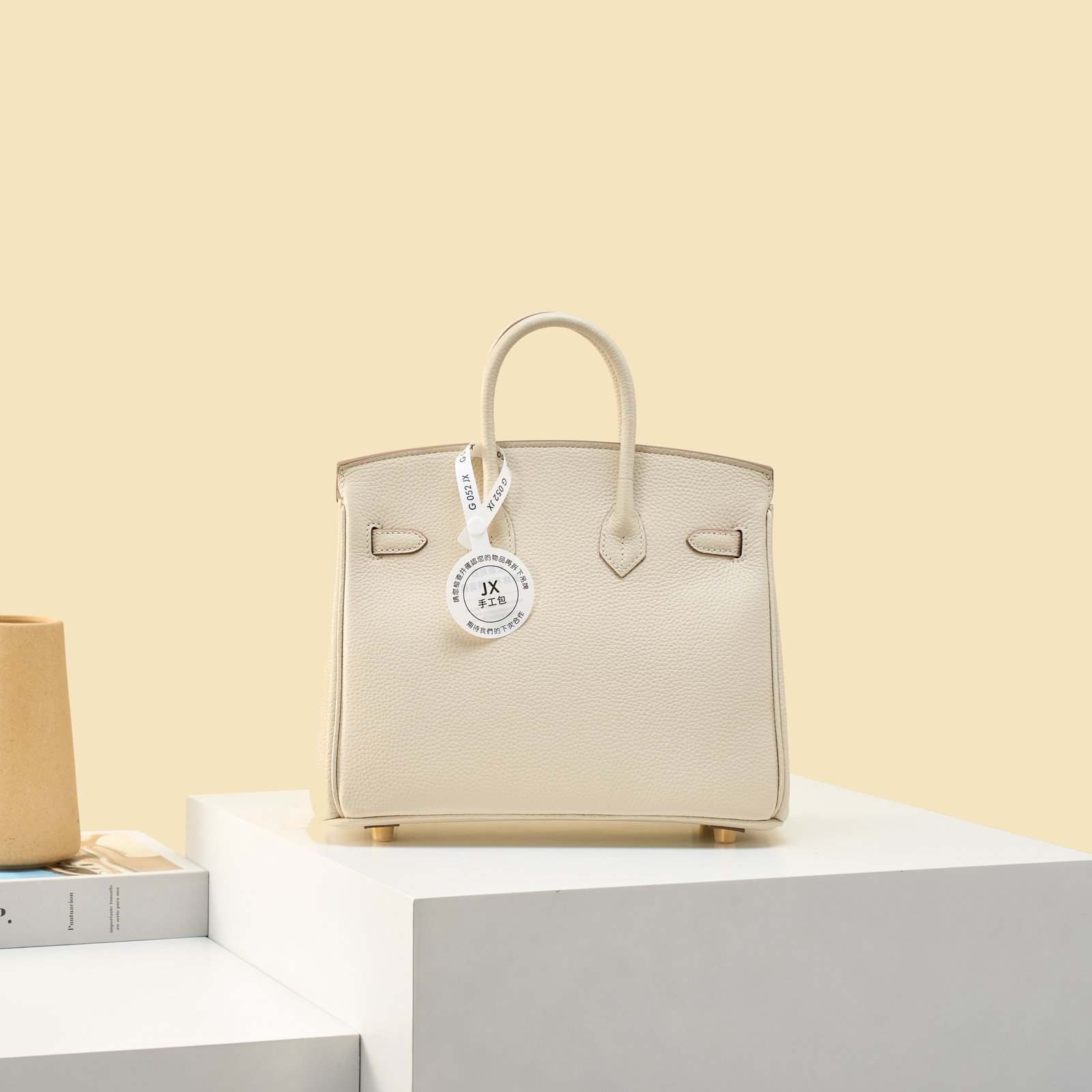 JX Birkin 25 in Milkshake White with Contrast Stitching – Artisan Code 052, Hand-Stitched, Stainless Steel Hardware