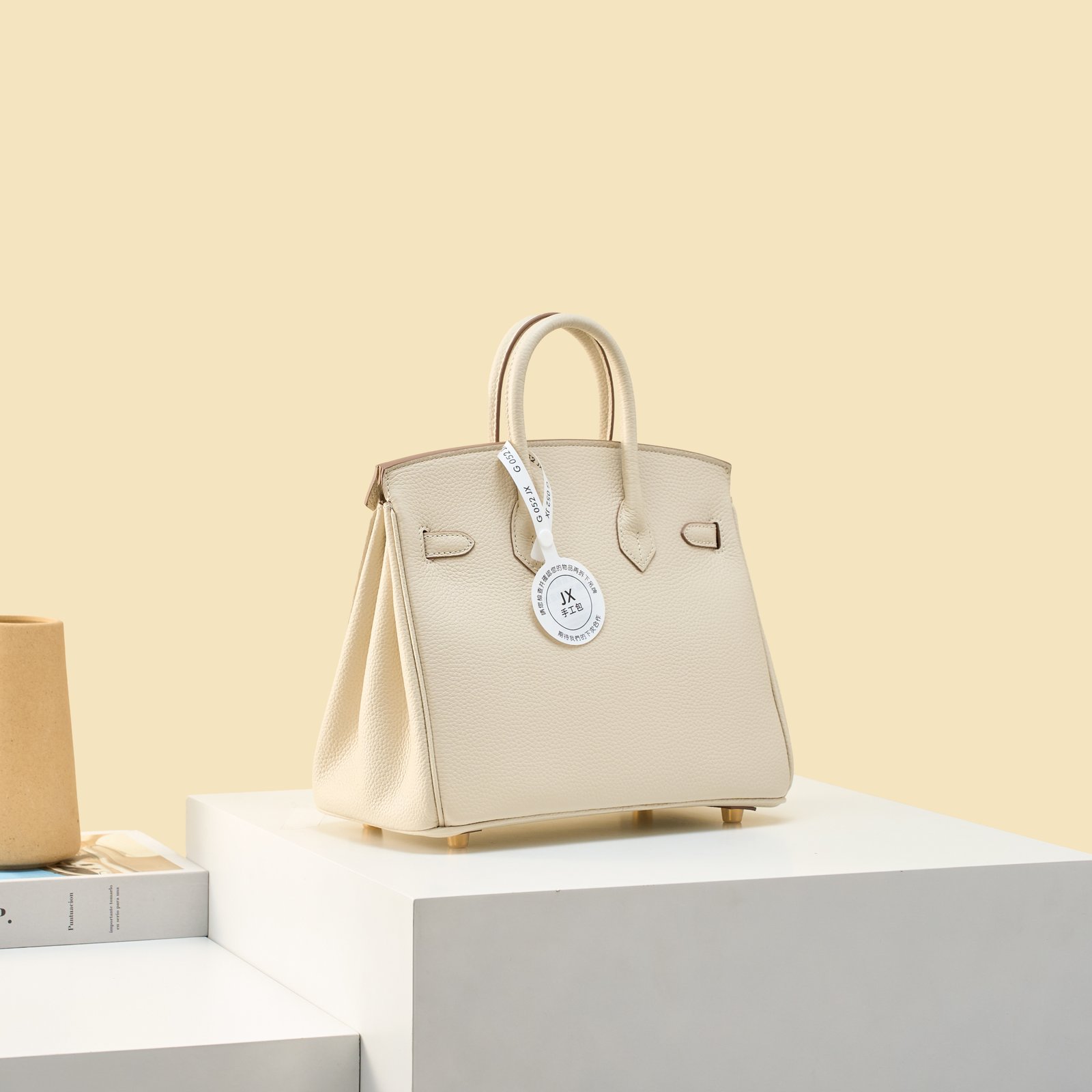 JX Birkin 25 in Milkshake White with Contrast Stitching – Artisan Code 052, Hand-Stitched, Stainless Steel Hardware