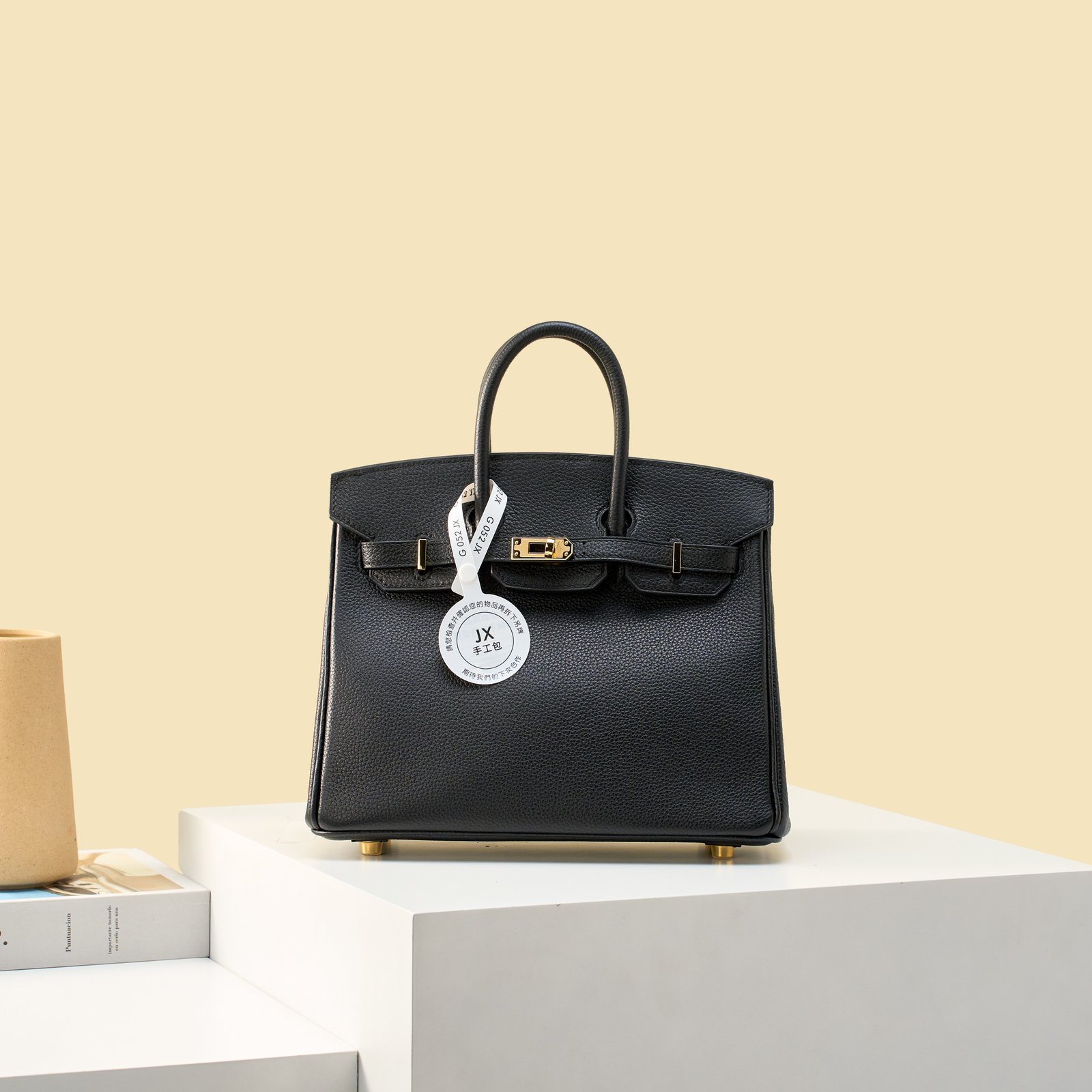 JX Birkin 25 in Noir with Contrast Stitching – Artisan Code 052, Hand-Stitched, Stainless Steel Hardware