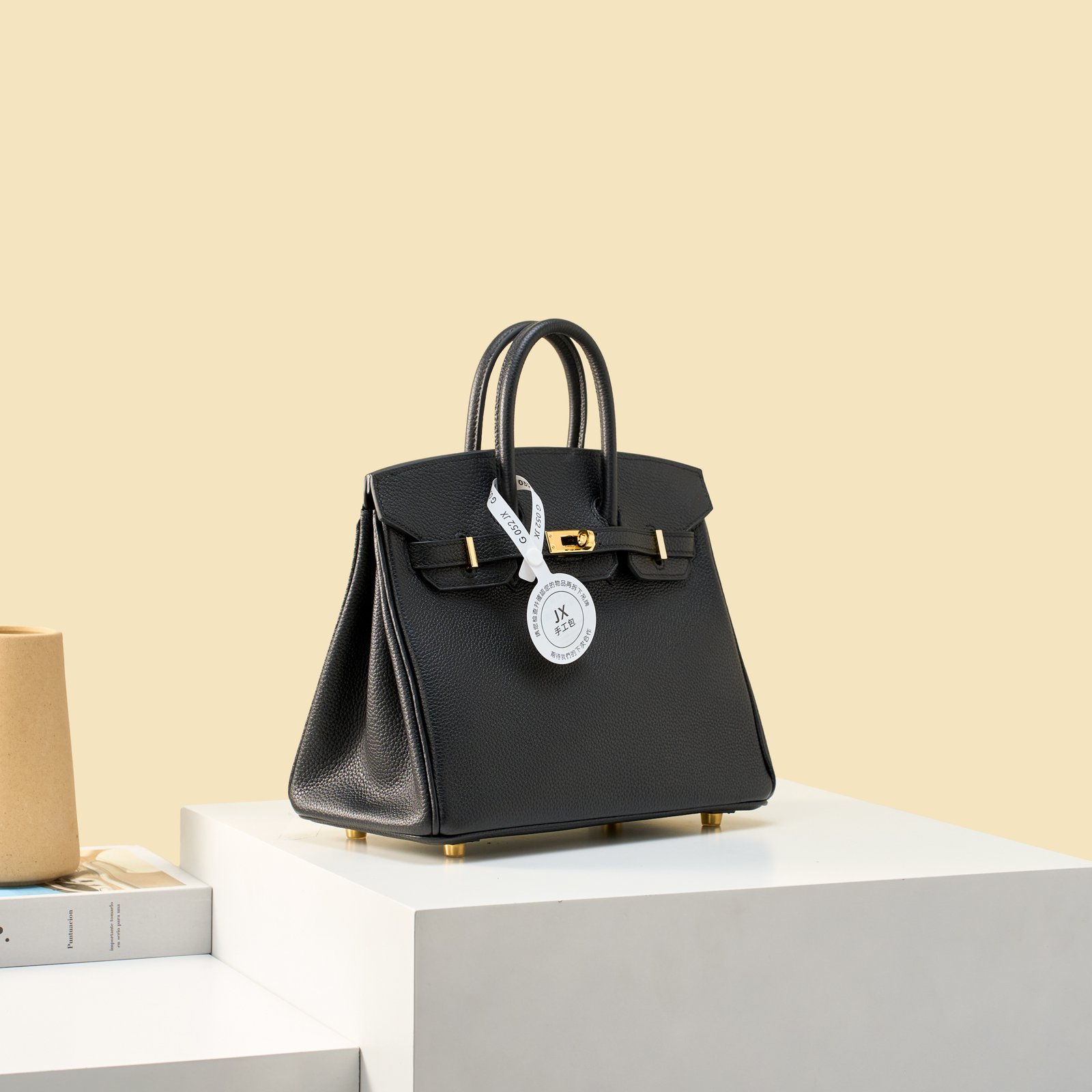 JX Birkin 25 in Noir with Contrast Stitching – Artisan Code 052, Hand-Stitched, Stainless Steel Hardware