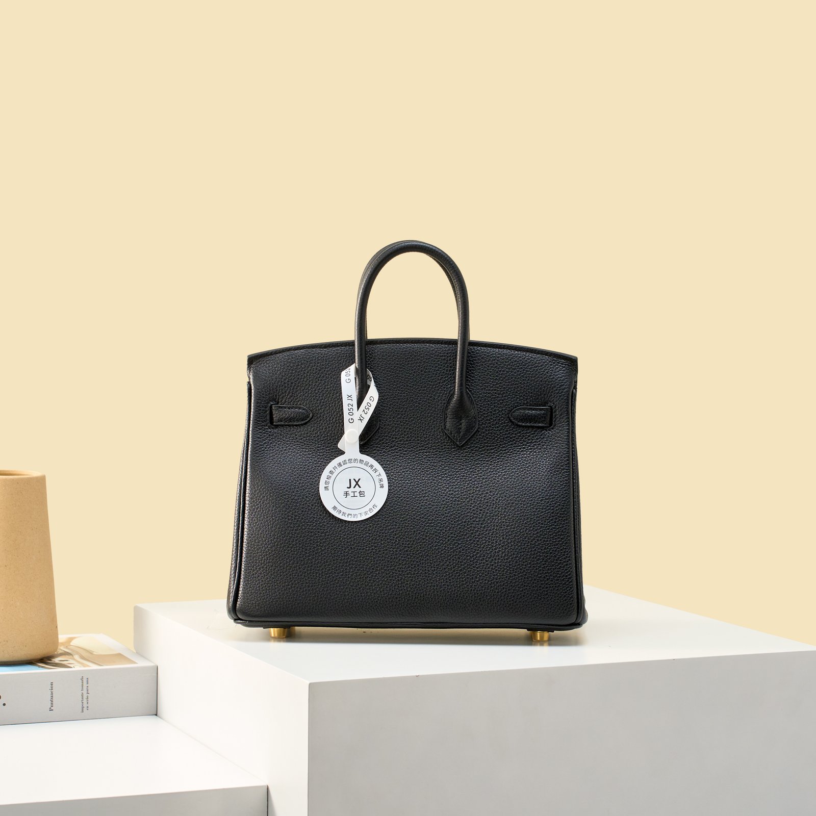 JX Birkin 25 in Noir with Contrast Stitching – Artisan Code 052, Hand-Stitched, Stainless Steel Hardware