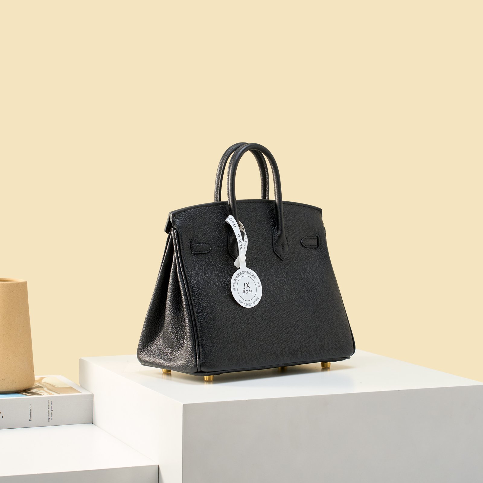 JX Birkin 25 in Noir with Contrast Stitching – Artisan Code 052, Hand-Stitched, Stainless Steel Hardware