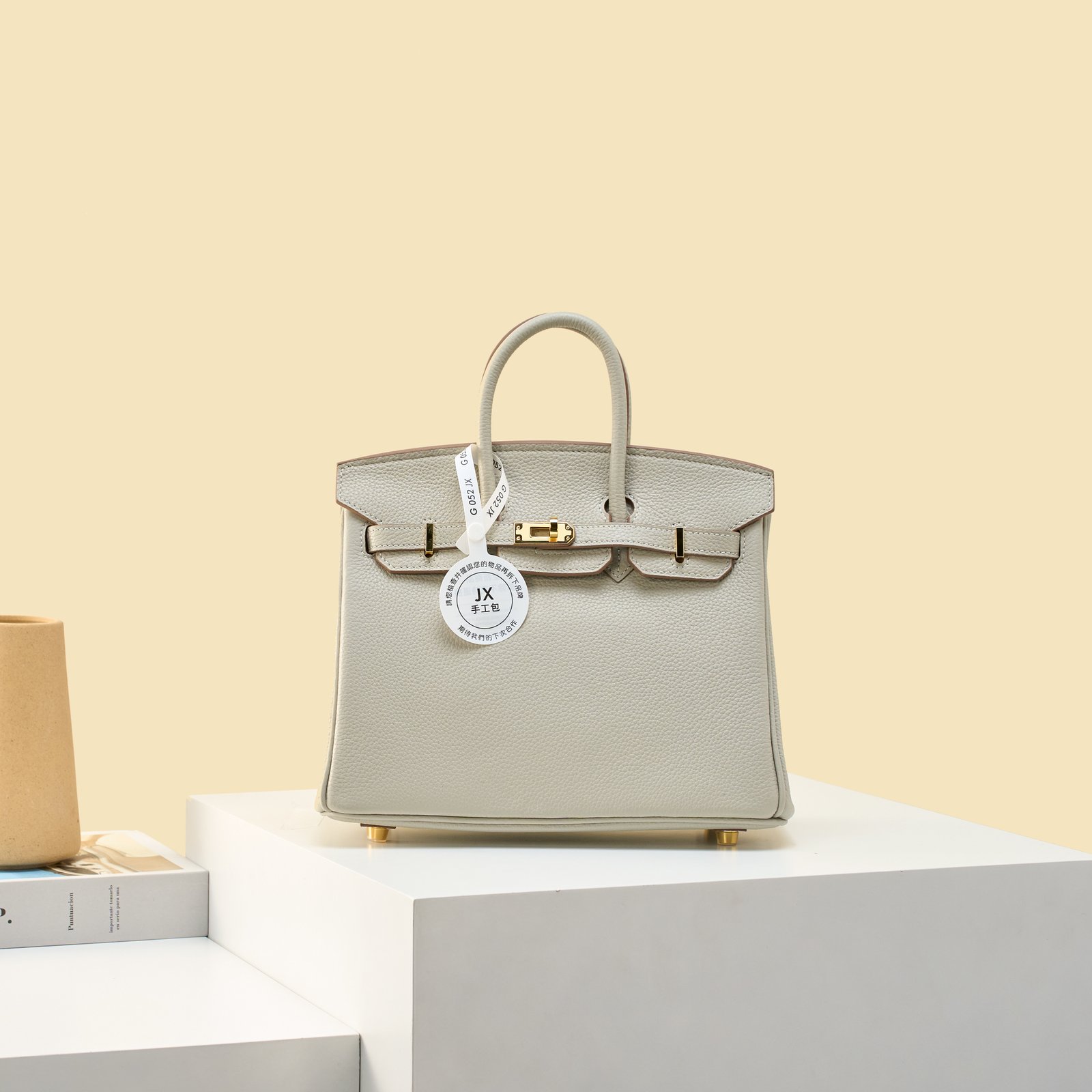 JX Birkin 25 in Pearl Grey with Contrast Stitching – Artisan Code 052, Hand-Stitched, Stainless Steel Hardware