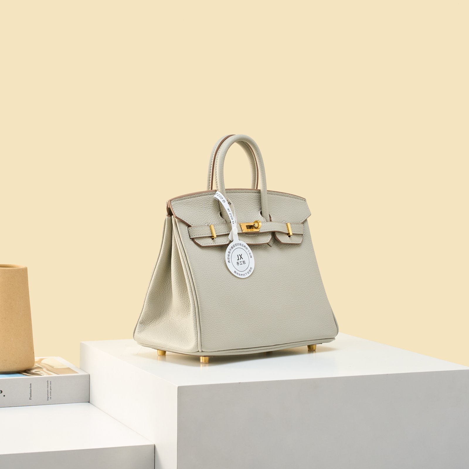 JX Birkin 25 in Pearl Grey with Contrast Stitching – Artisan Code 052, Hand-Stitched, Stainless Steel Hardware
