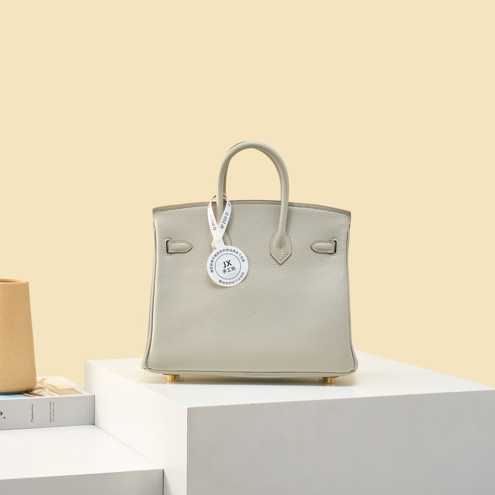 JX Birkin 25 in Pearl Grey with Contrast Stitching – Artisan Code 052, Hand-Stitched, Stainless Steel Hardware