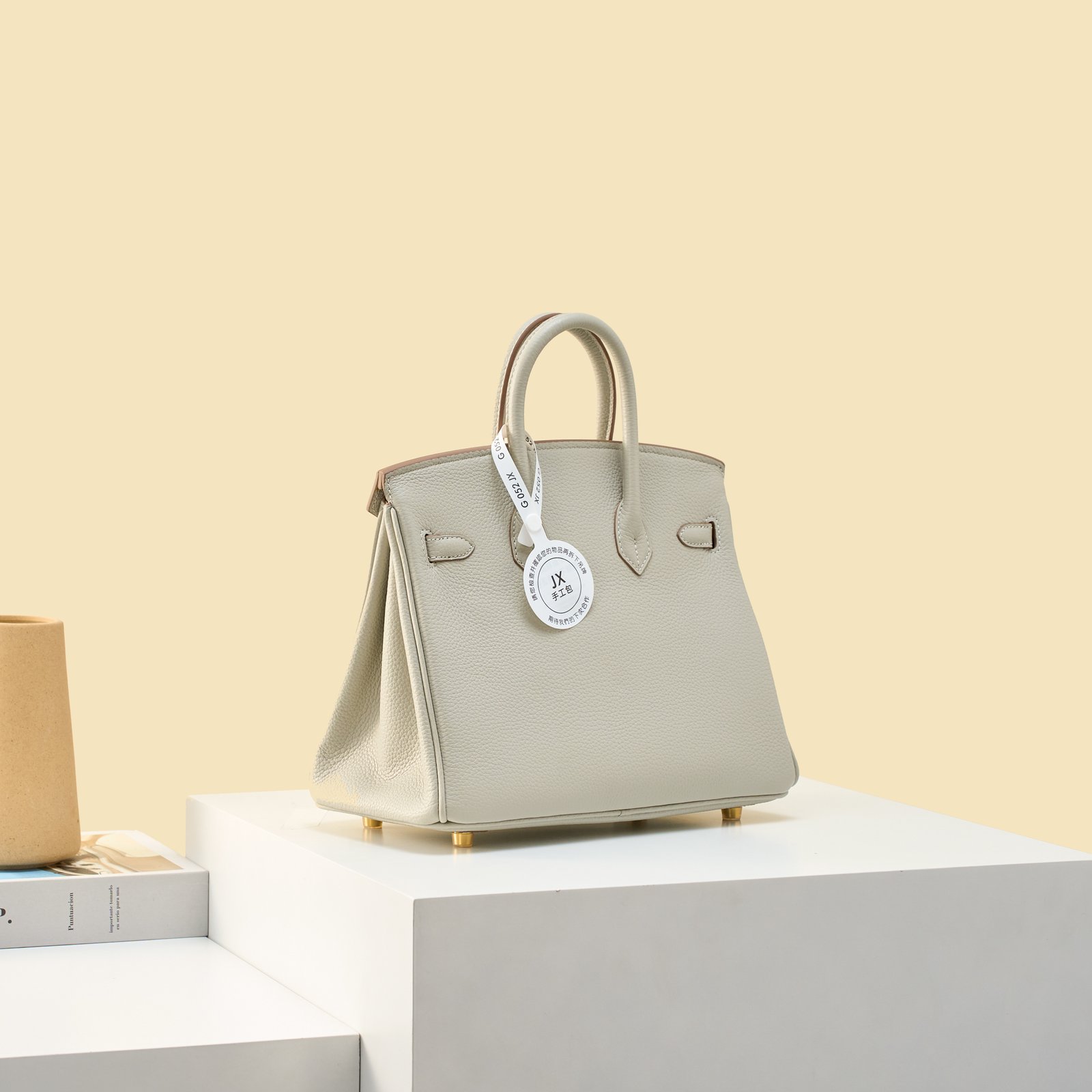 JX Birkin 25 in Pearl Grey with Contrast Stitching – Artisan Code 052, Hand-Stitched, Stainless Steel Hardware