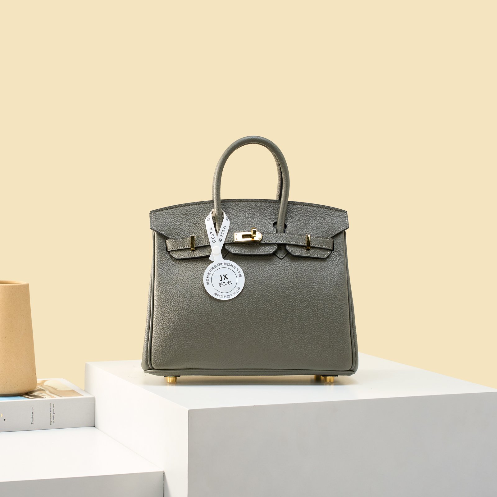 JX Birkin 25 in Storm Cloud Grey with Contrast Stitching – Artisan Code 052, Hand-Stitched, Stainless Steel Hardware