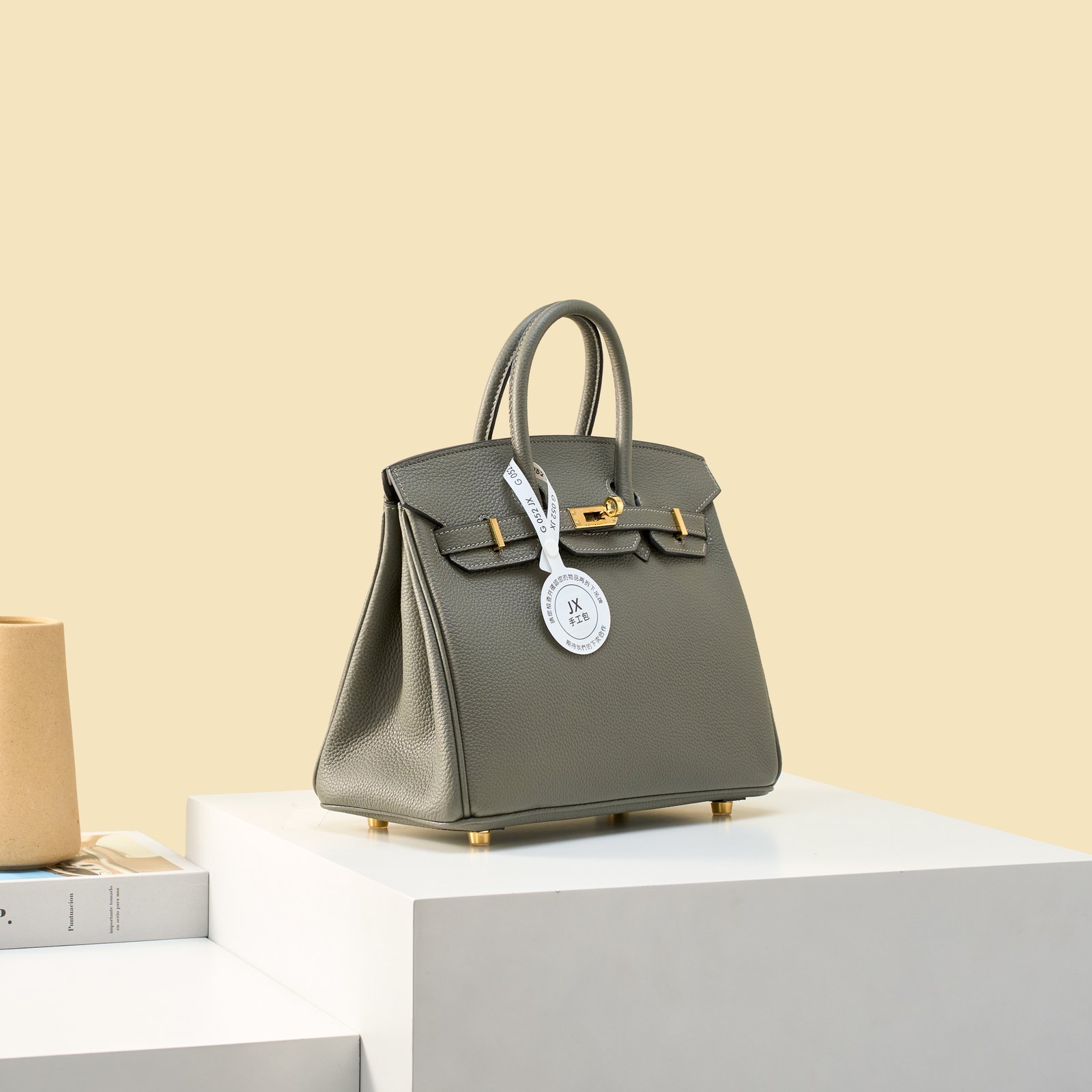 JX Birkin 25 in Storm Cloud Grey with Contrast Stitching – Artisan Code 052, Hand-Stitched, Stainless Steel Hardware