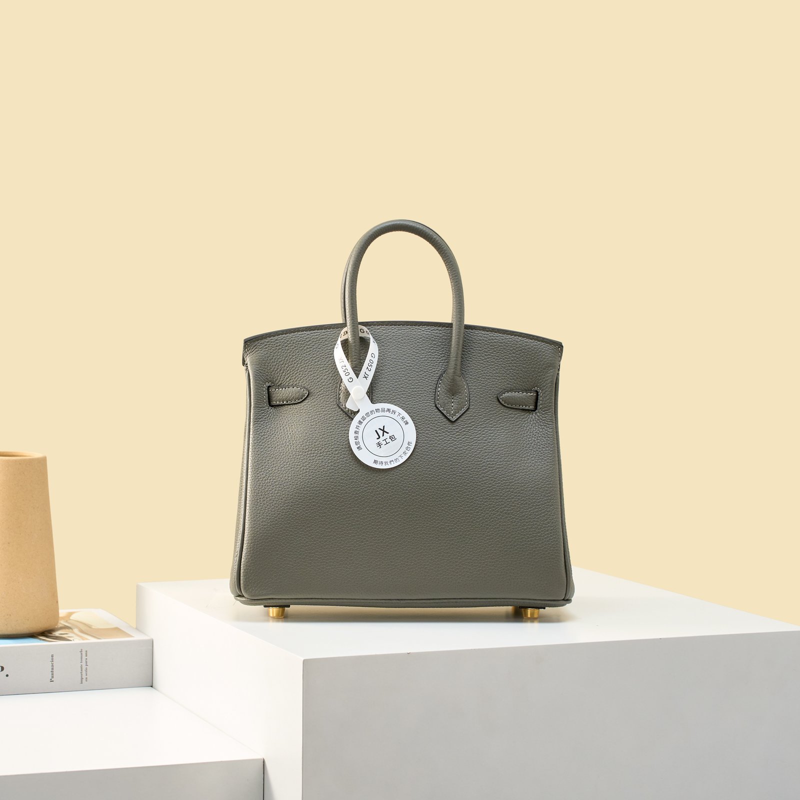 JX Birkin 25 in Storm Cloud Grey with Contrast Stitching – Artisan Code 052, Hand-Stitched, Stainless Steel Hardware