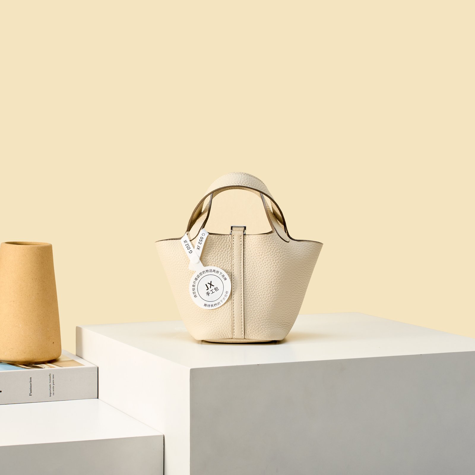 JX Mini Picotin Lock in Milkshake White – Artisan Code 052, Hand-Stitched, Stainless Steel Hardware