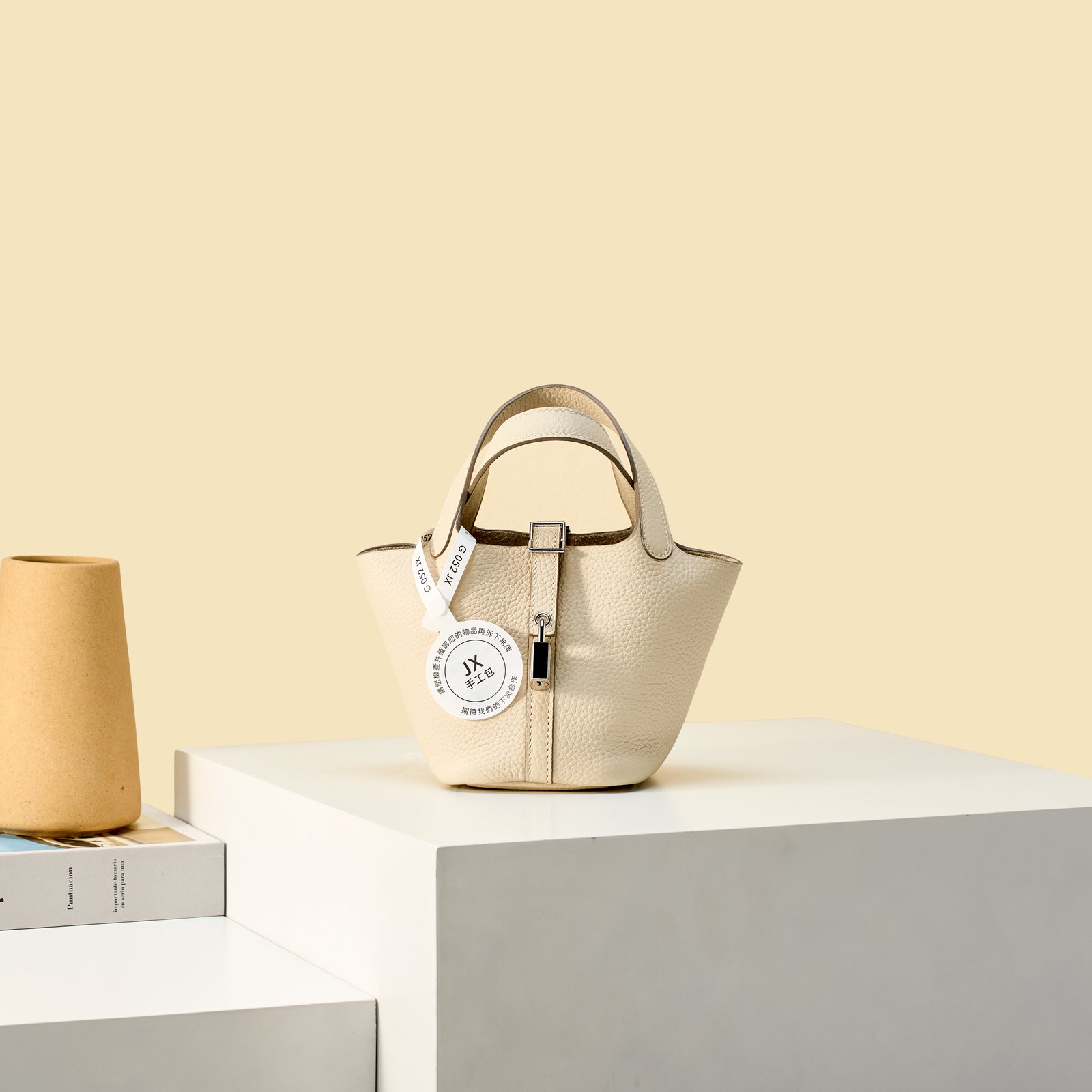 JX Mini Picotin Lock in Milkshake White – Artisan Code 052, Hand-Stitched, Stainless Steel Hardware