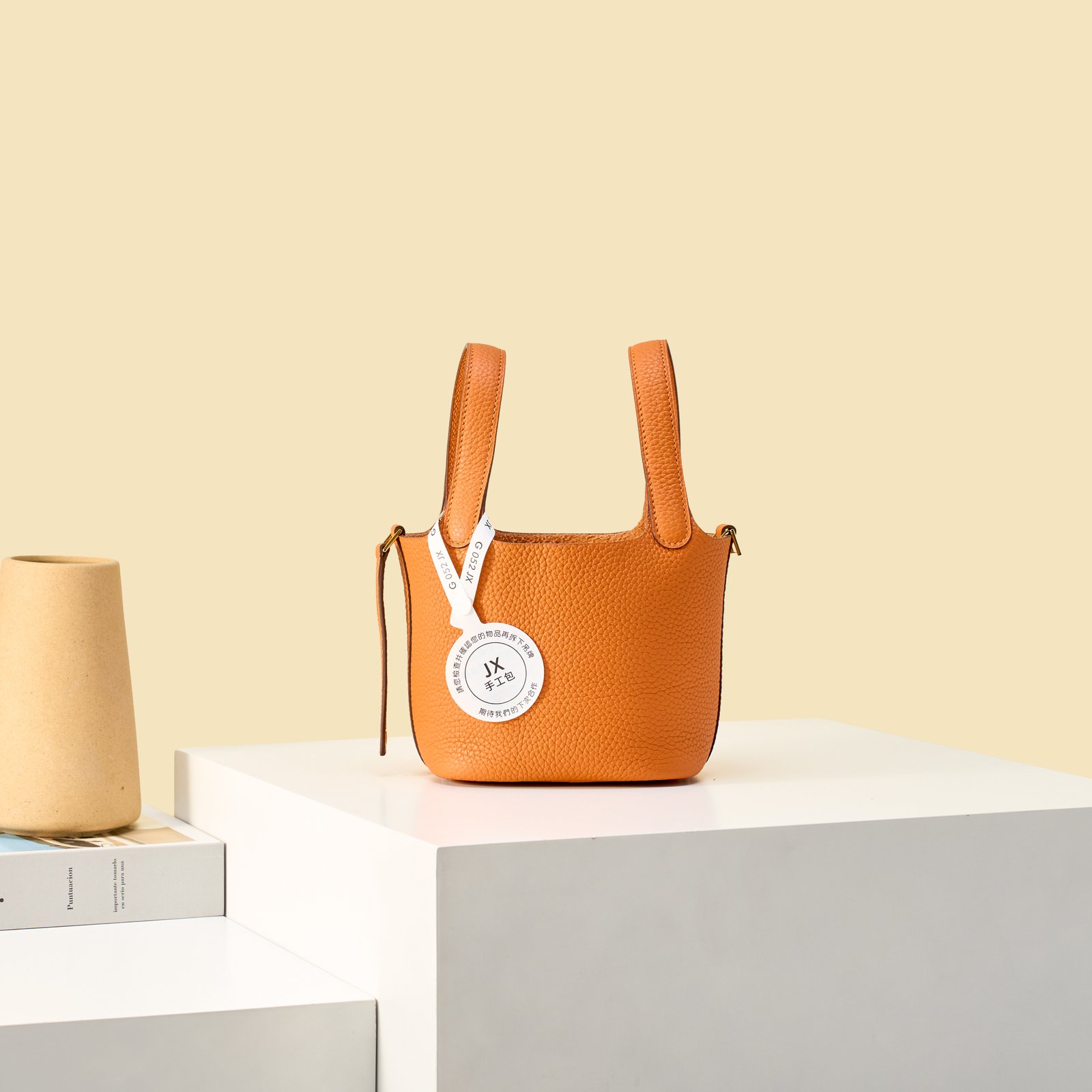JX Mini Picotin Lock in Orange – Artisan Code 052, Hand-Stitched, Stainless Steel Hardware